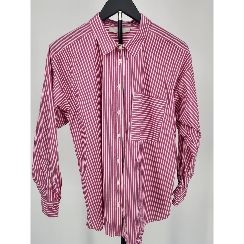 Loft Petites Pink White Striped Cotton Button Down Shirt LP Long Sleeve Pocket